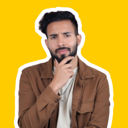 Digital marketing professional evaluating ideas, showcasing expertise with a striking yellow backdrop