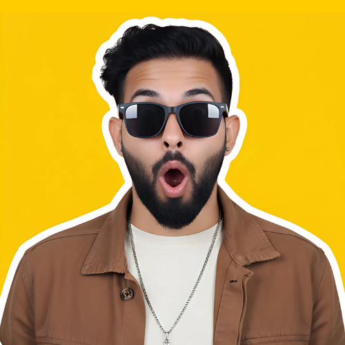 Surprised digital marketing expert from Dubai in stylish attire and sunglasses on a yellow backdrop.
