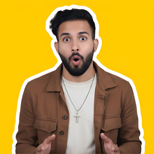 Surprised digital marketing expert from Dubai in stylish attire and sunglasses on a yellow backdrop.