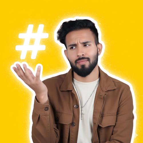 Digital marketing professional evaluating ideas, showcasing expertise with a striking yellow backdrop and a levitating hashtag logo